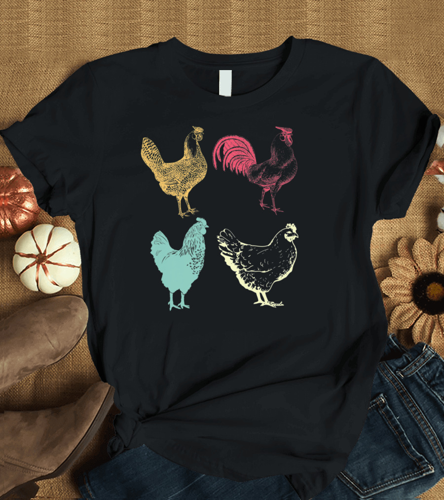 Retro Vintage Colorful Chicken Quartet T-Shirt