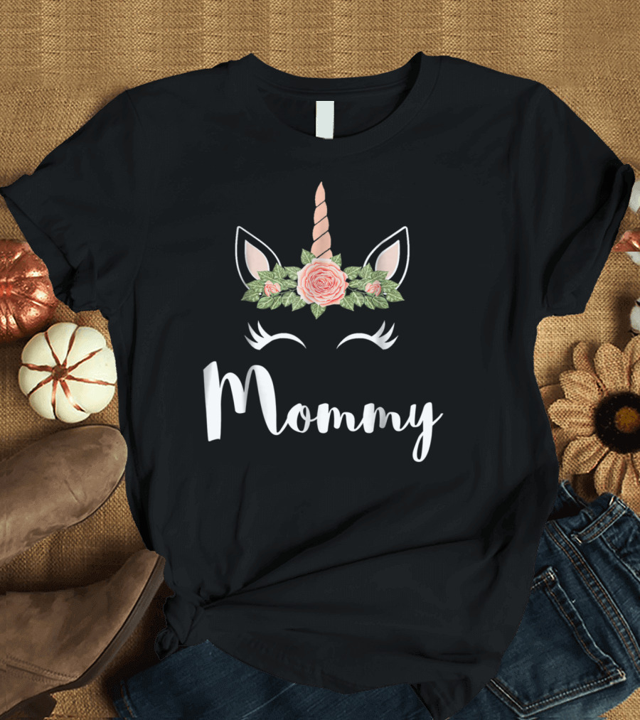 Mommy Cute Unicorn Face Mommy Flower Crown T-Shirt