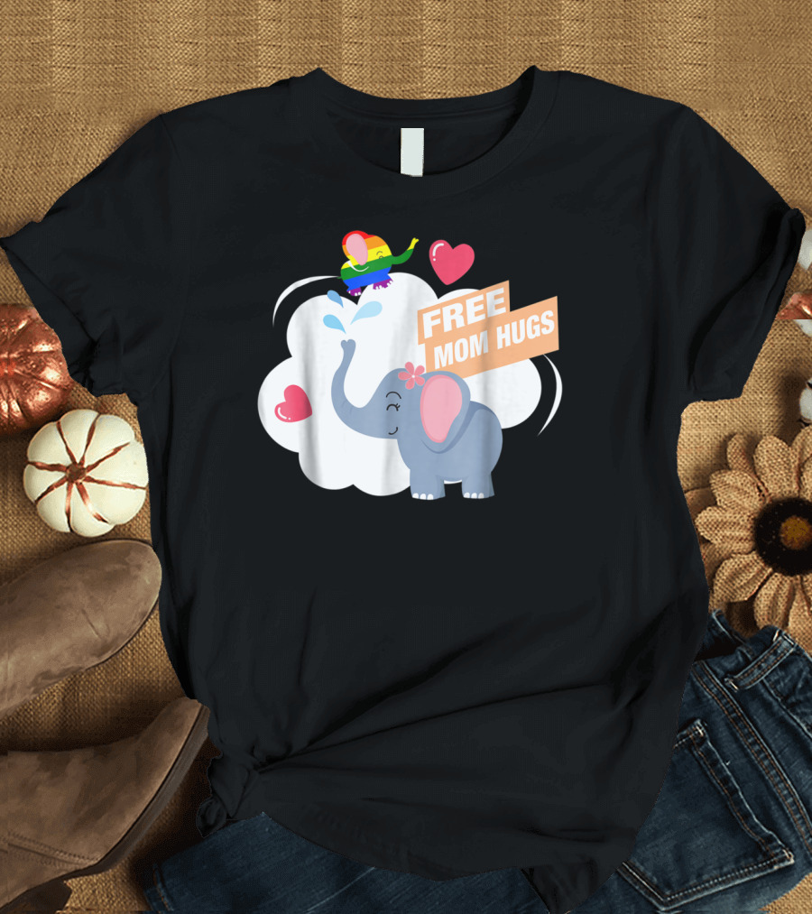 Free Mom Hugs Elephant Heart Rainbow Cloud T-Shirt
