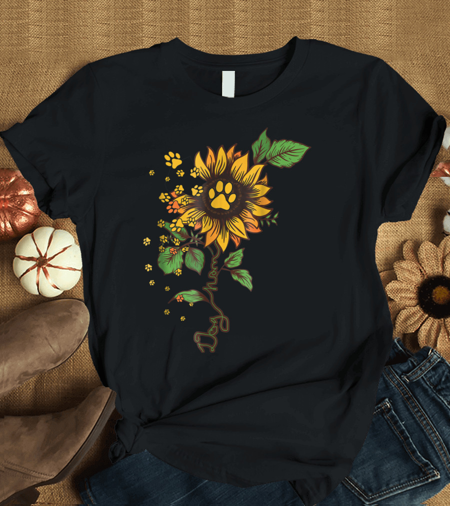 DOG MOM PAW PRINT SUNFLOWER WITH LEAVES T-Shirt