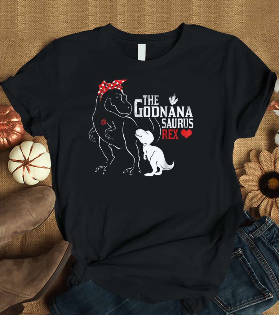 The Godnana Saurus Rex Dinosaur with Red Heart and Bow T-Shirt