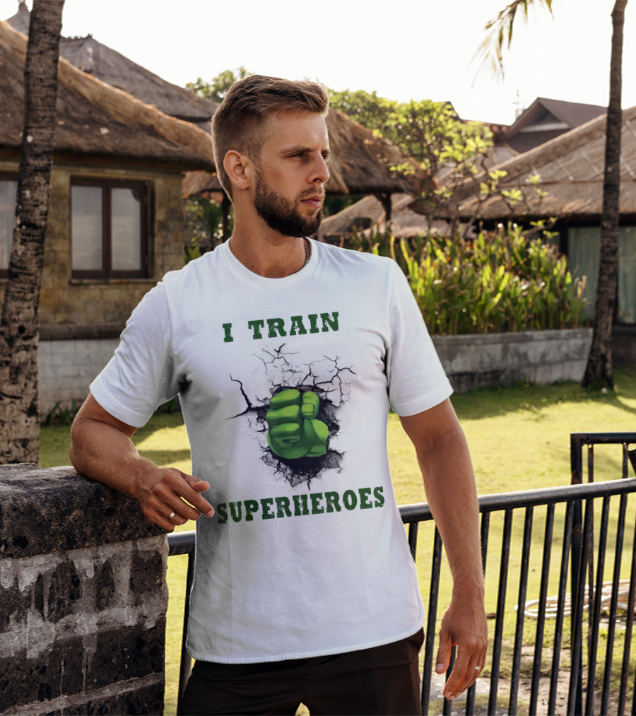 I Train Superheroes Mom Teacher Women Men46 Green Fist Cracking Ground T-Shirt