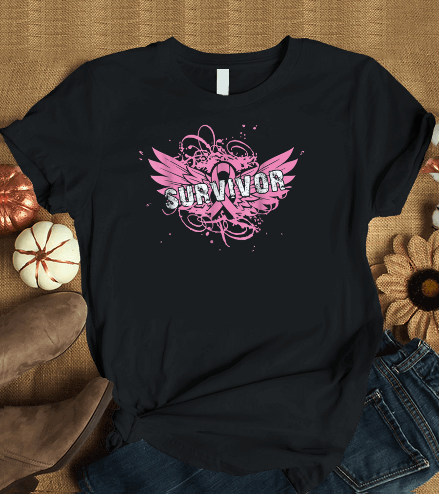 Survivor Pink Ribbon Breast Cancer Mom Wings T-Shirt