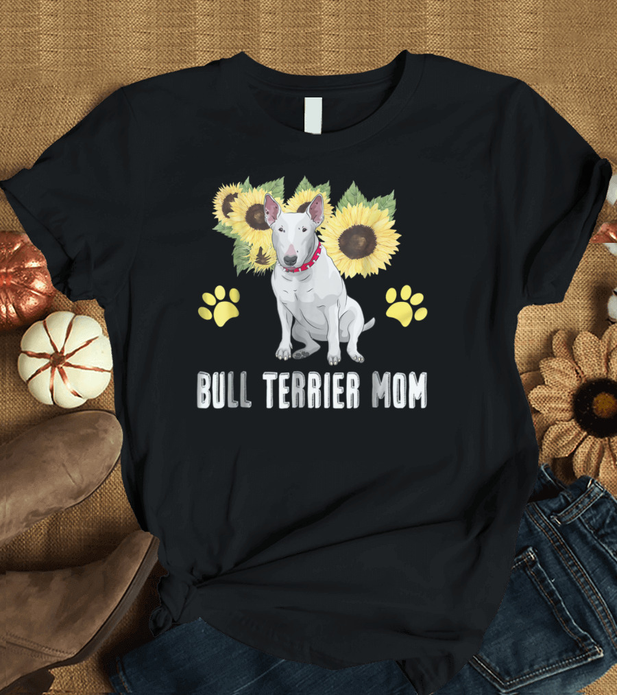 Bull Terrier Mom with Sunflowers and Paw Prints T-Shirt