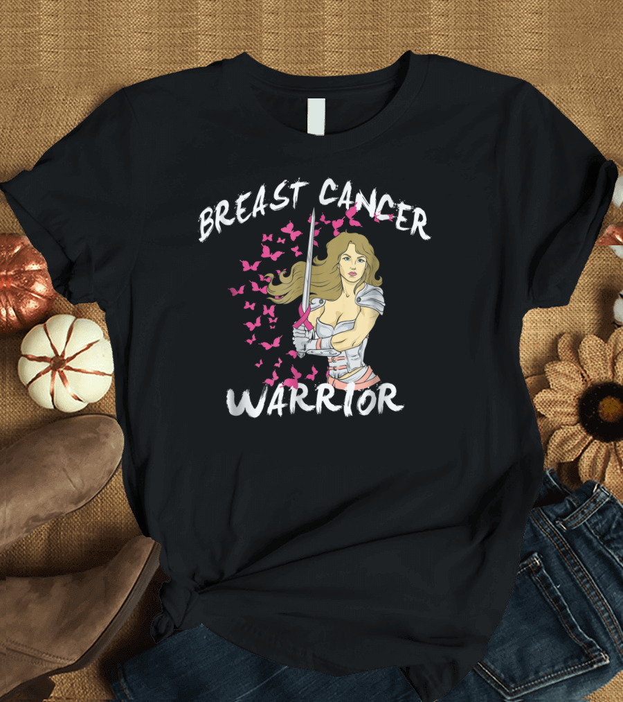 Breast Cancer Warrior Mom Knight with Ribbon Sword and Butterflies T-Shirt