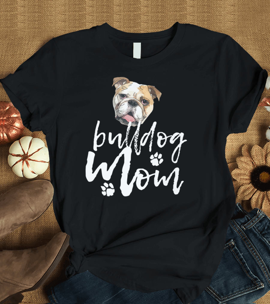 Bulldog Mom Adorable Dog Face with Paw Prints T-Shirt