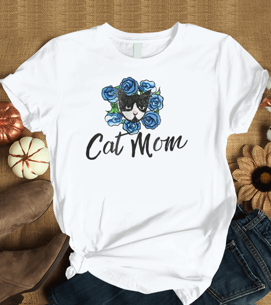 Cat Mom Floral Tuxedo Cat Blue Roses T-Shirt