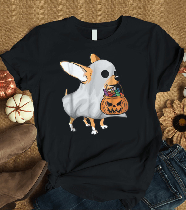 T-Shirt: Ghost Chihuahua Trick-or-Treat Pumpkin Basket T-Shirt Ghost Chihuahua Trick-or-Treat Pumpkin Basket T-Shirt