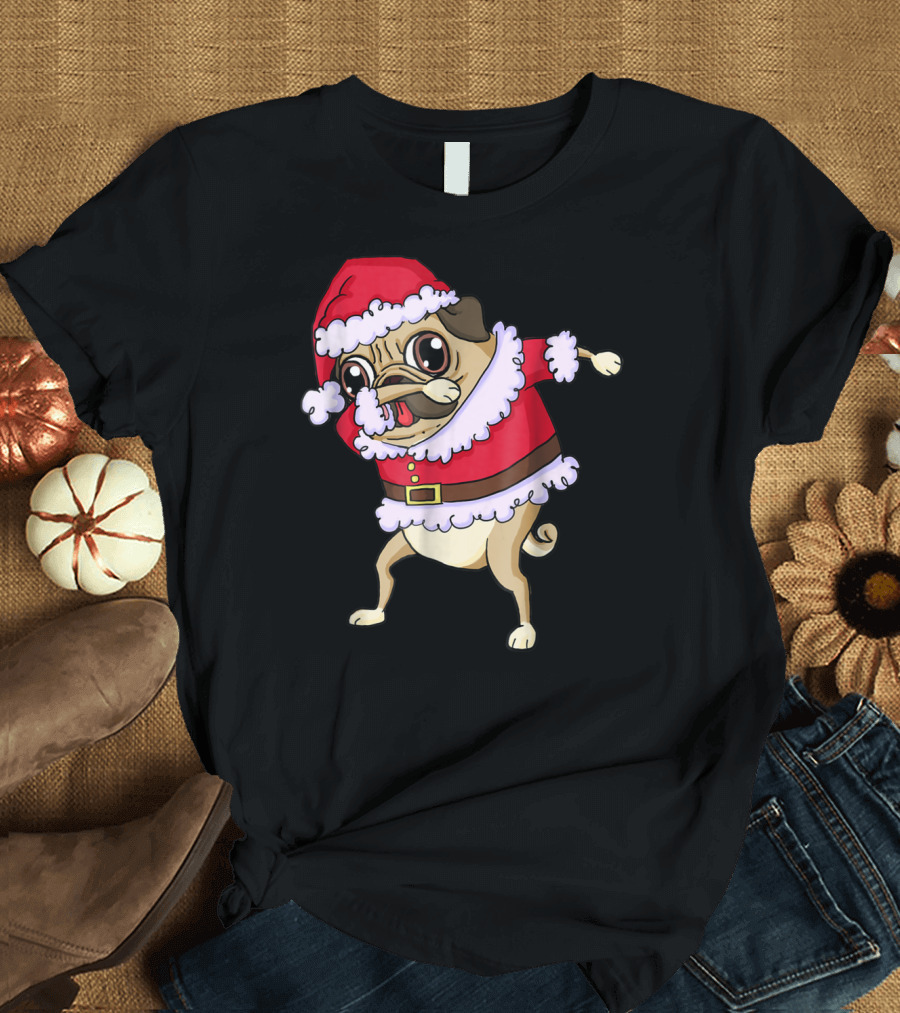 Christmas Pug Dabbing in Santa T-Shirt