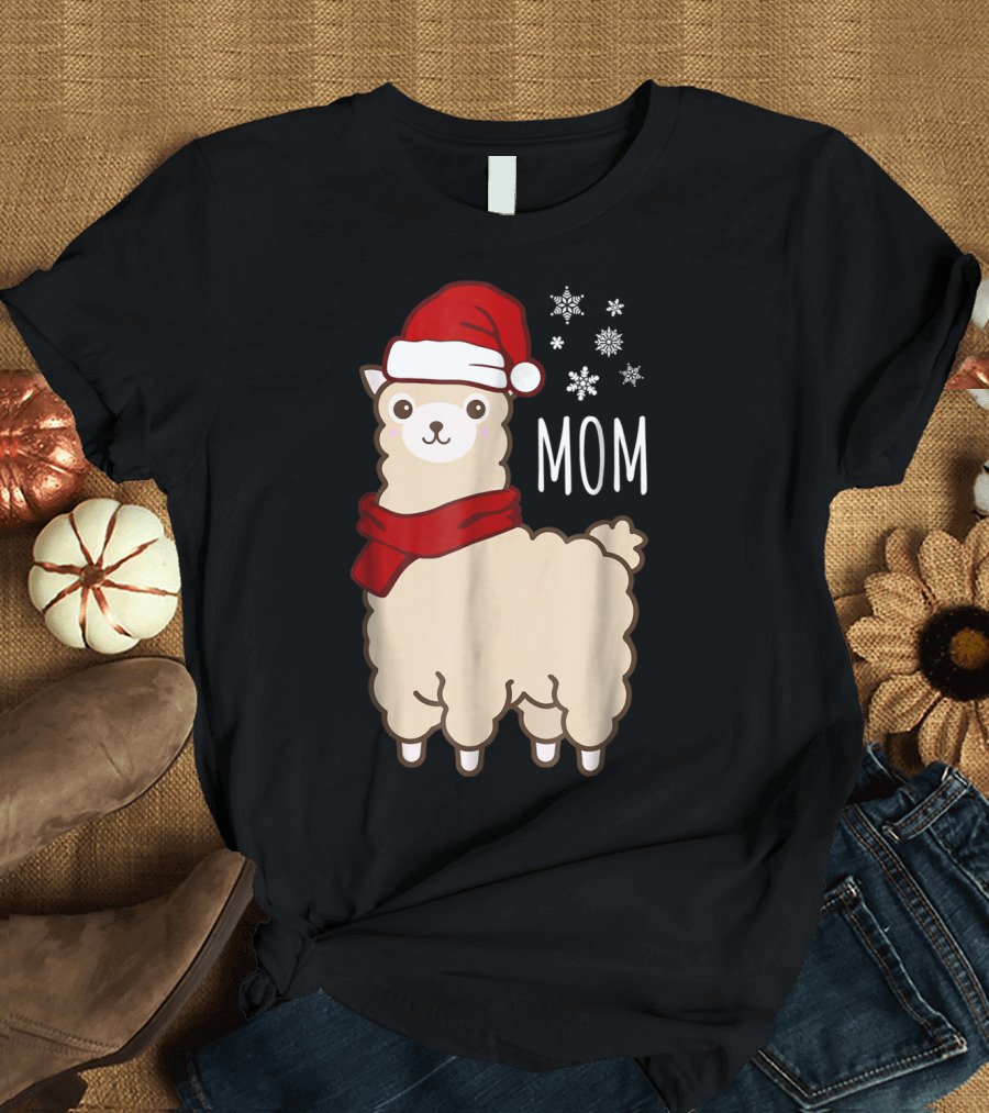 Christmas Mom Llama Cria Herd Xmas Mother Santa Hat Snowflakes T-Shirt