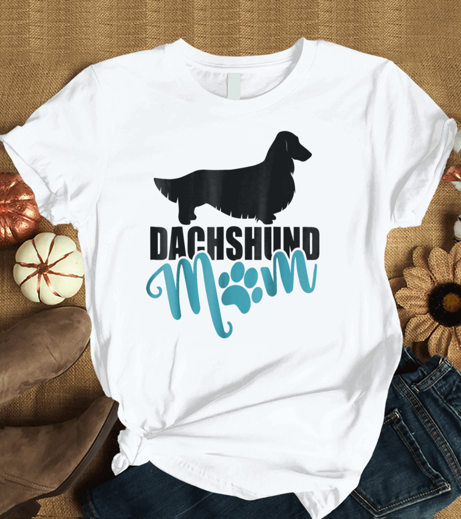 Dachshund Mom Longhair Silhouette with Blue Pawprint Accent T-Shirt