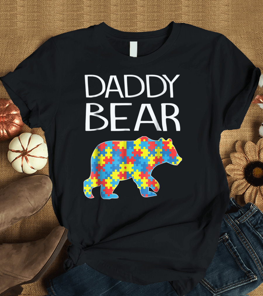 Daddy Bear Autism Puzzle Pattern Child Dad T-Shirt