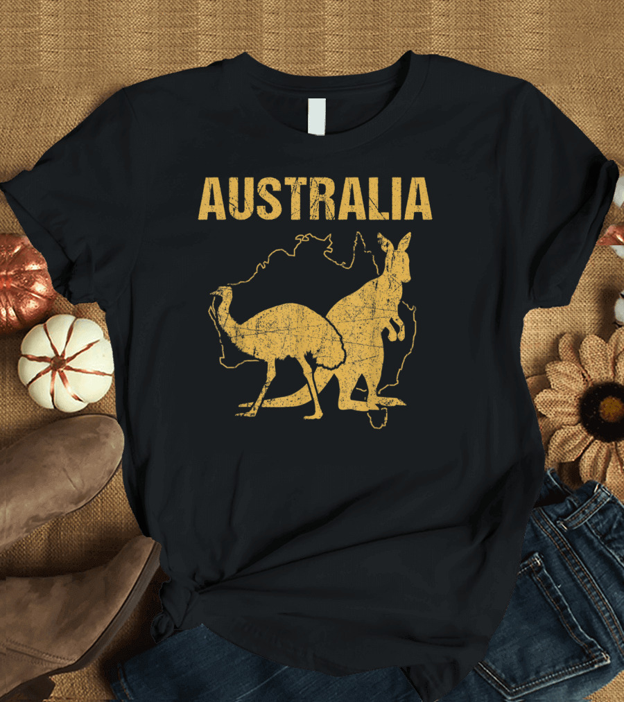 Australia Kangaroo and Emu Silhouette Map T-Shirt