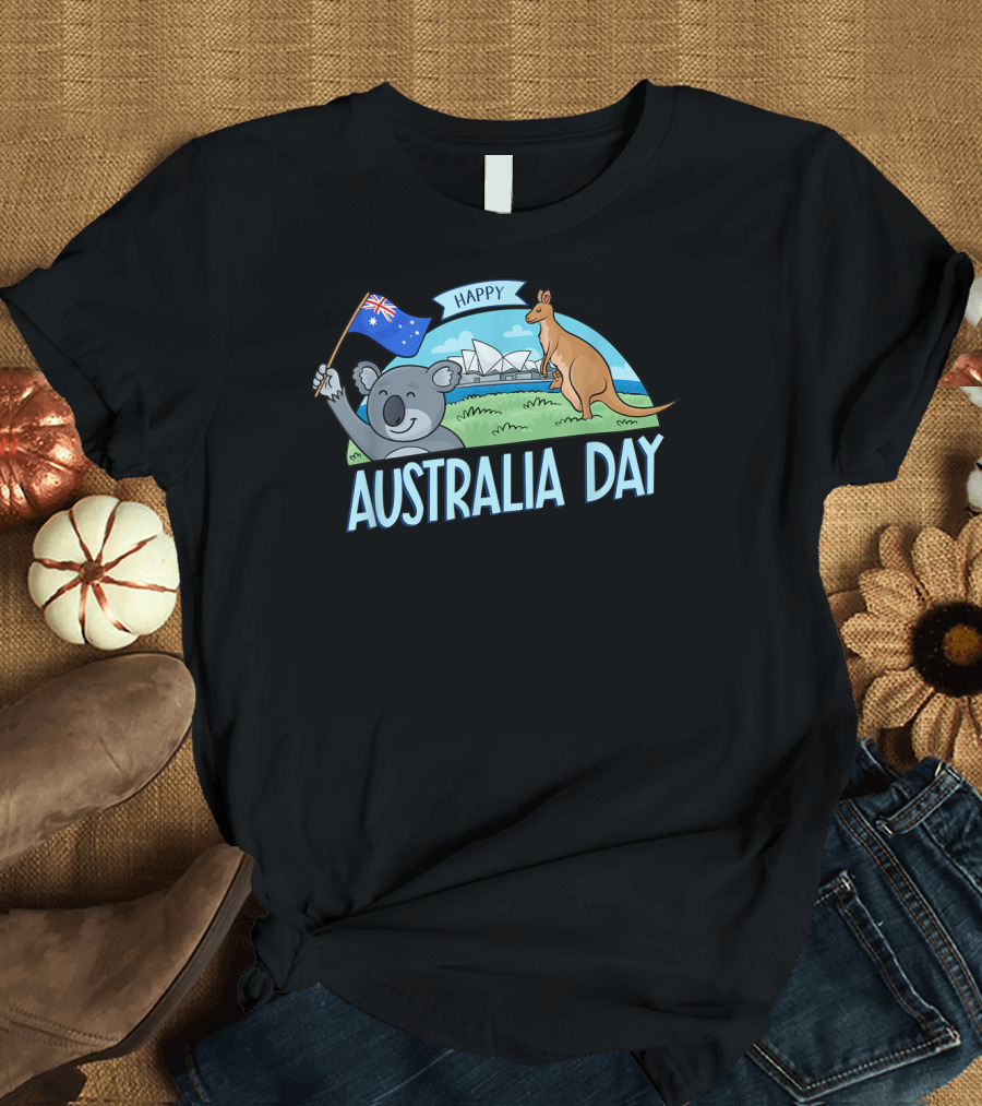 Happy Australia Day Koala Bear and Kangaroo with Australian Flag T-Shirt