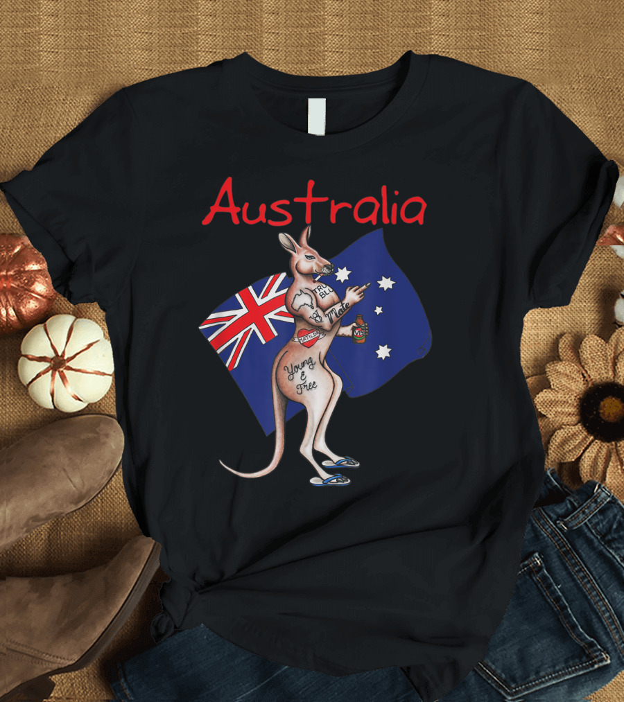 Australia Tattooed Kangaroo Young and Free Flag T-Shirt