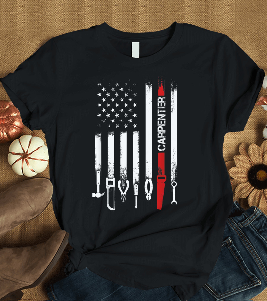 American Flag Carpenter Tools Vertical Stripes Saw Wrench Pliers Hammer T-Shirt
