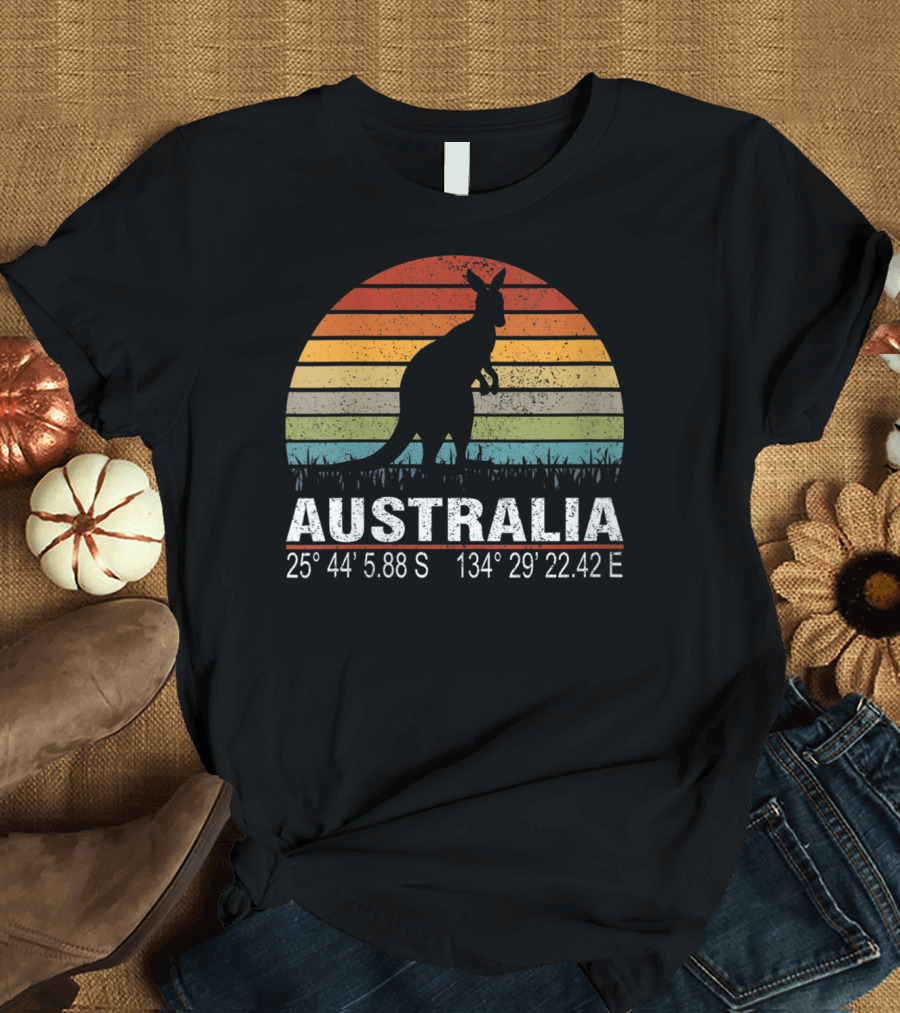 Australia Retro Sun Kangaroo Silhouette with GPS Coordinates T-Shirt