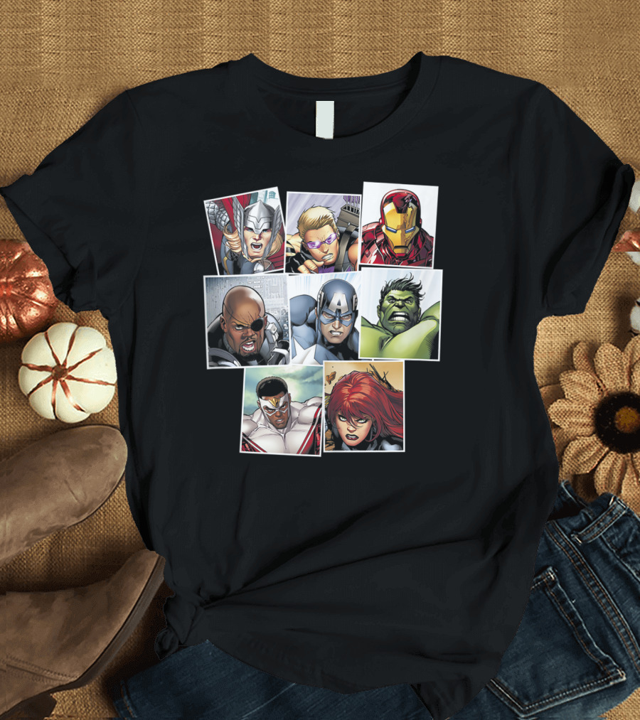Marvel Avengers Thor Hawkeye Iron Man Nick Fury Captain America Hulk Falcon Black Widow Montage T-Shirt