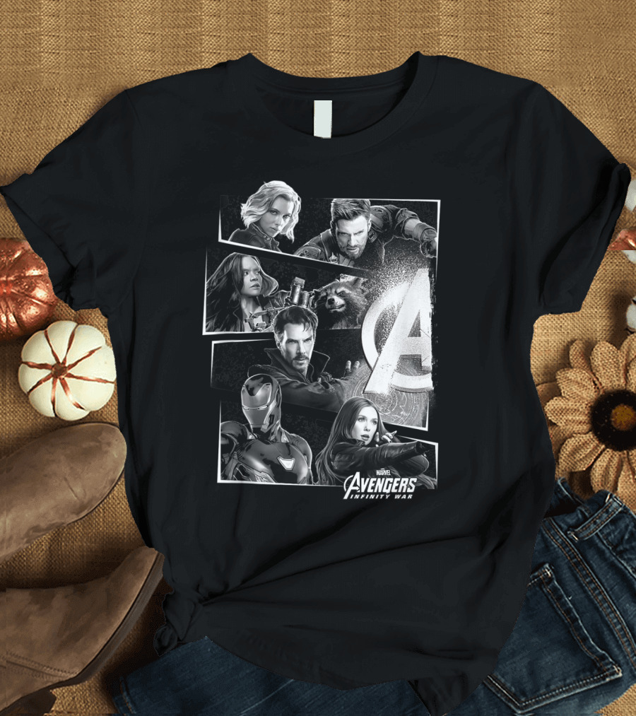 Marvel Avengers Infinity War Black And White Characters Collage T-Shirt