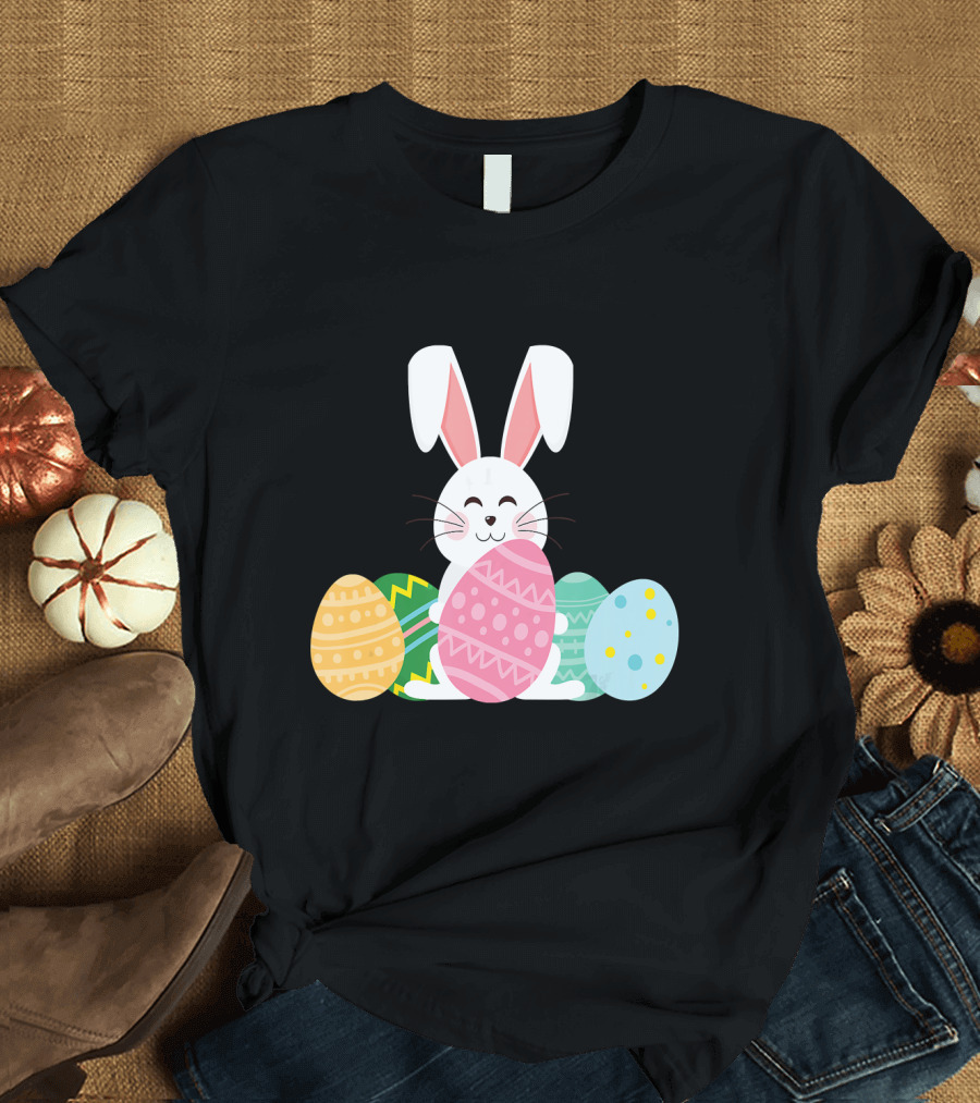 Cute Easter Bunny Surrounded by Colorful Eggs T-Shirt