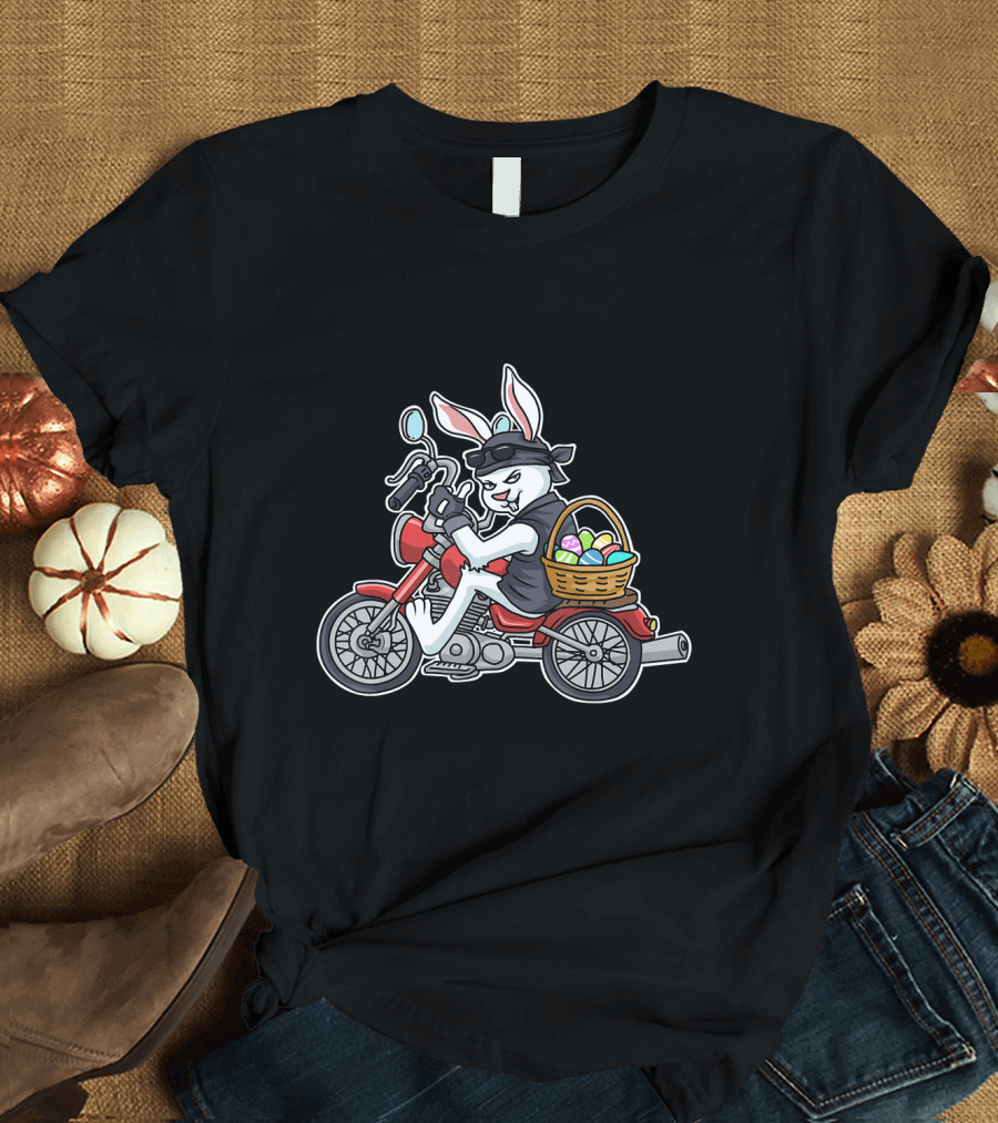 Easter Bunny Biker with Eggs on Motorcycle T-Shirt