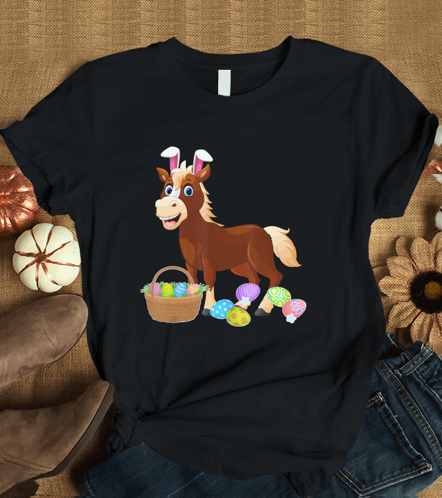 Happy Easter Bunny Horse with Colorful Egg Basket T-Shirt