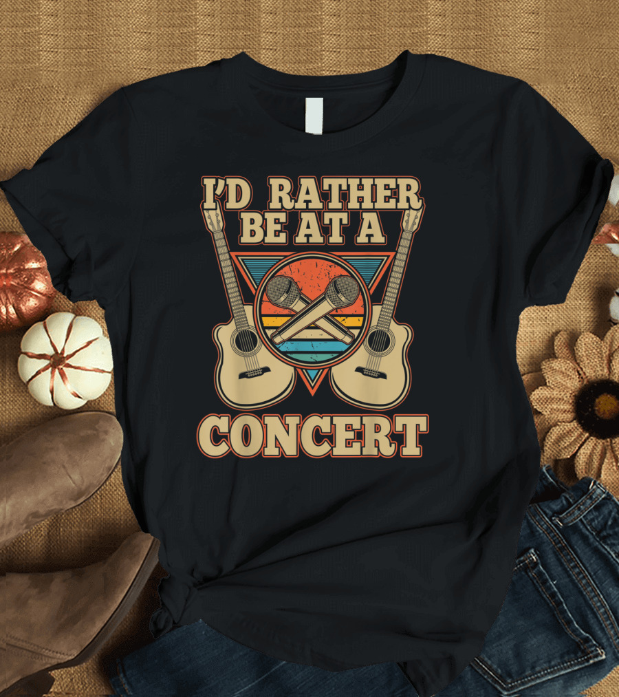 I'D Rather Be at a Concert with Vintage Acoustic Guitar Microphones and Retro Sunset Triangle T-Shirt