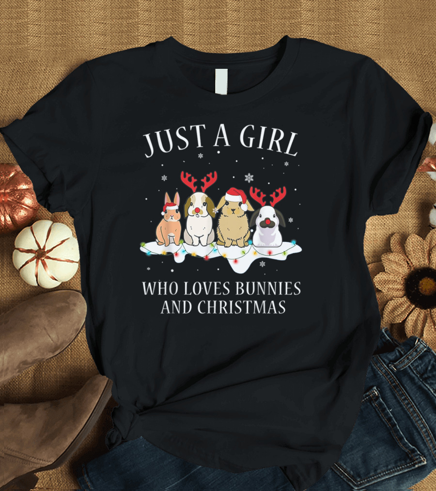 Just a Girl Who Loves Bunnies in Christmas Hats and Reindeer Antlers T-Shirt
