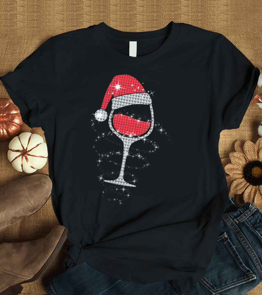 Sparkling Santa Hat Wine Glass Holiday T-Shirt