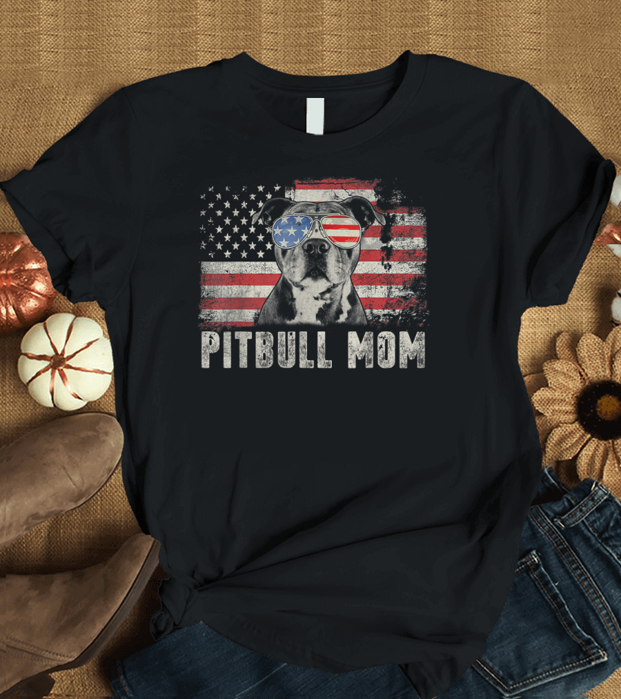Pitbull Mom American Flag Glasses T-Shirt