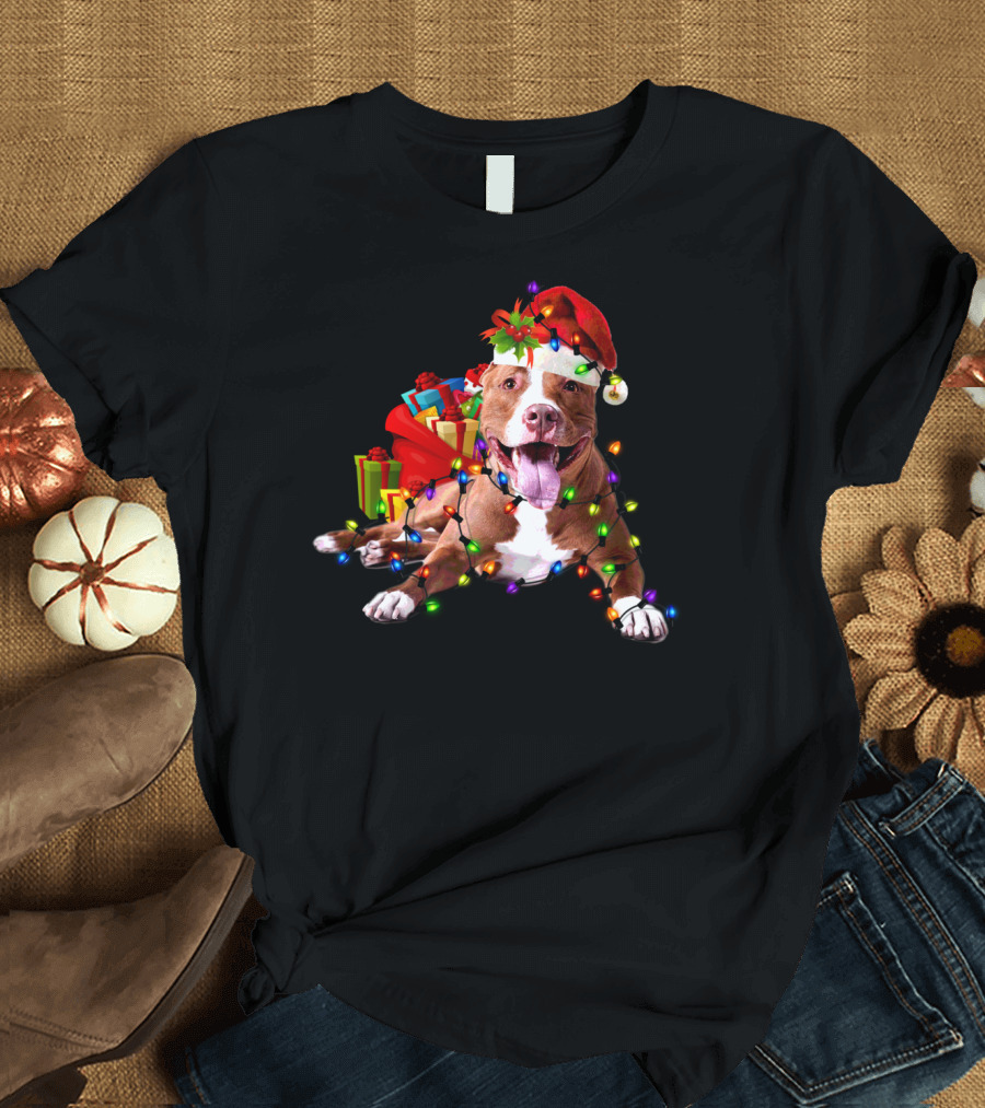 Pitbull Christmas Santa Hat Lights Gifts Holiday T-Shirt