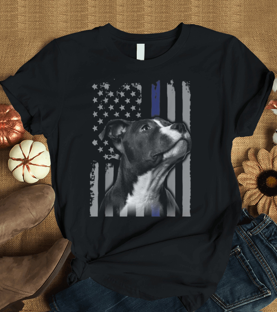 Pitbull Thin Blue Line American Flag Staffordshire Bull Terrier T-Shirt