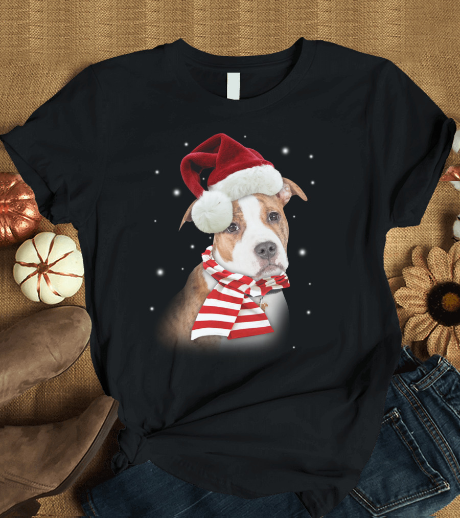 Pitbull Santa Hat Merry Xmas Christmas Snowflakes T-Shirt