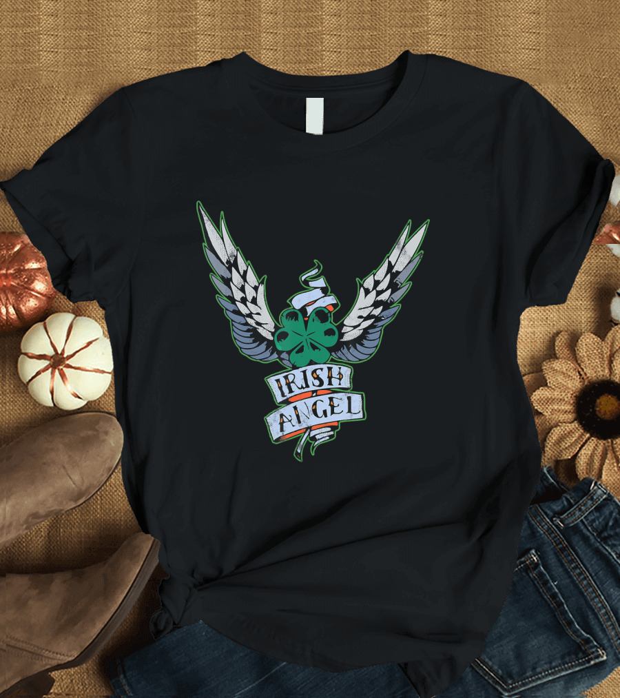 Irish Angel Tattoo with Shamrock Wings St Patrick's Day T-Shirt