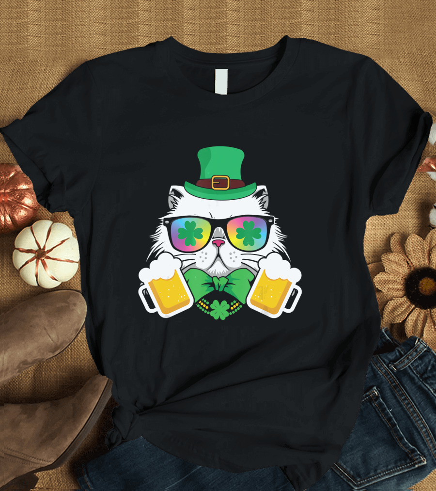 Cat Beer Funny Kitten St Patrick's Day Shamrock T-Shirt
