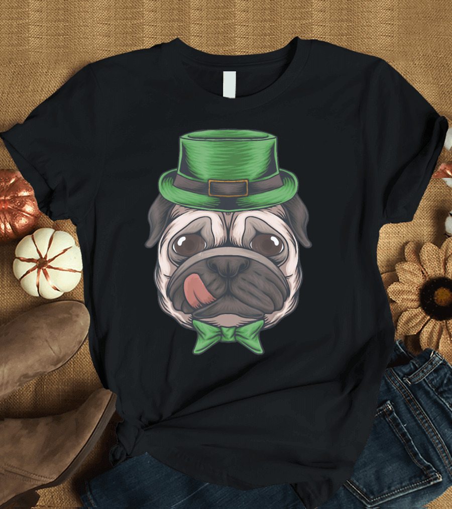 Funny Irish Pug with Green Hat and Bowtie St. Patrick's Day T-Shirt