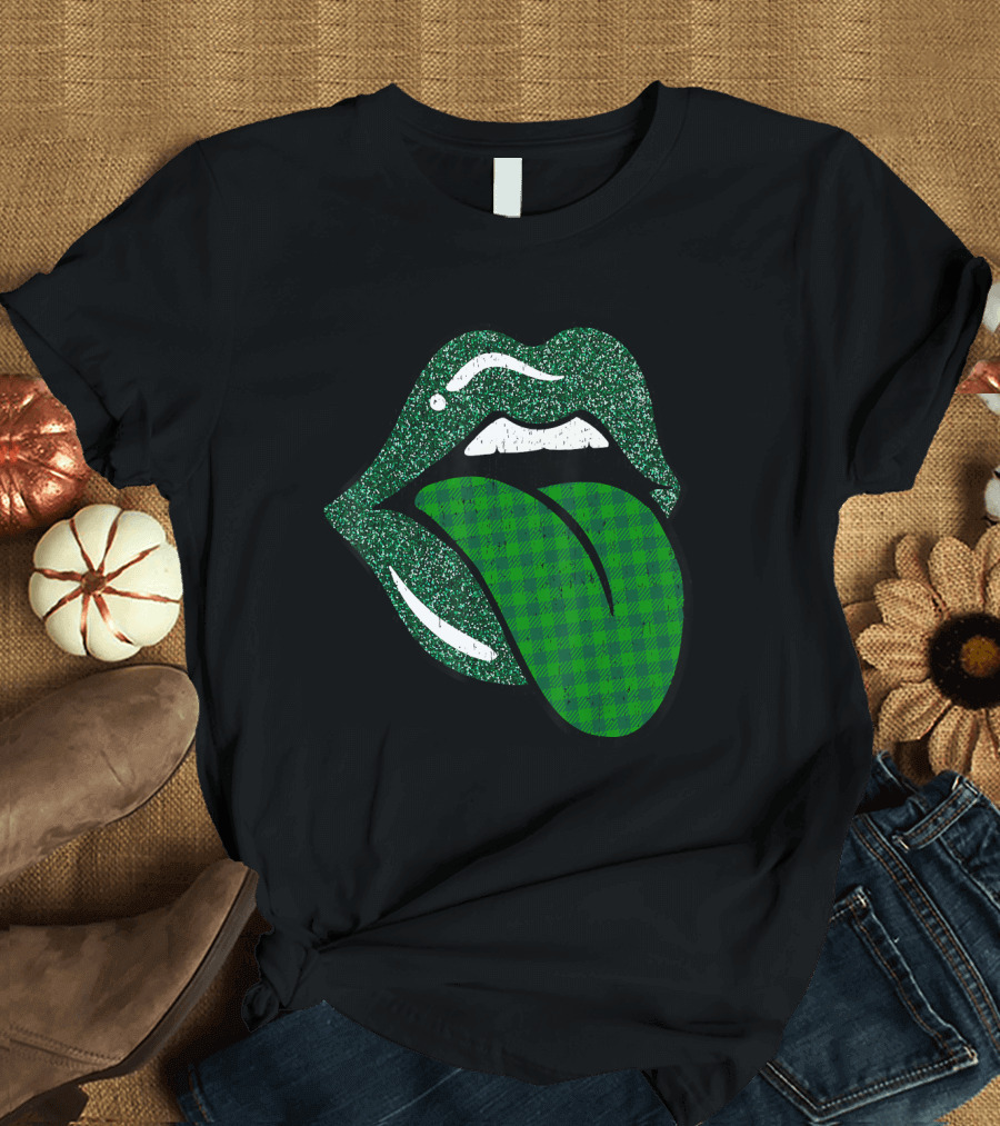 Green Plaid Tongue Lips Irish Ireland T-Shirt