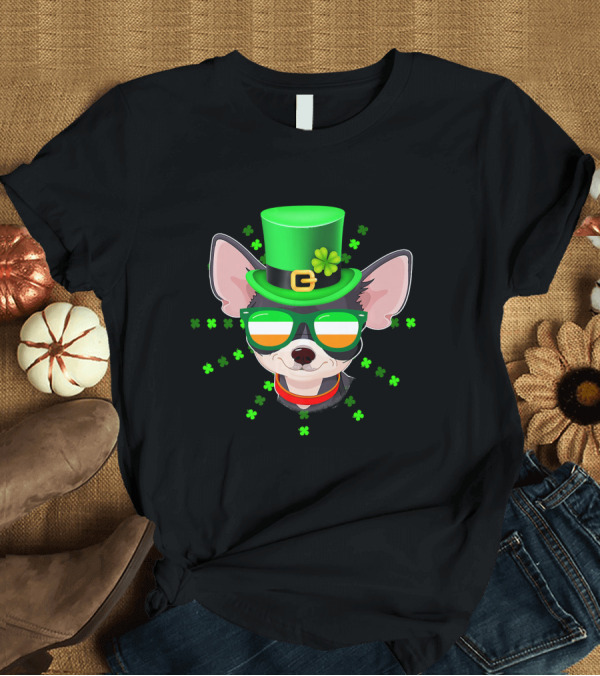 T-Shirt: St. Patrick's Day Chihuahua in Green Hat with Irish Flag Shades and Shamrocks T-Shirt St. Patrick's Day Chihuahua in Green Hat with Irish Flag Shades and Shamrocks T-Shirt