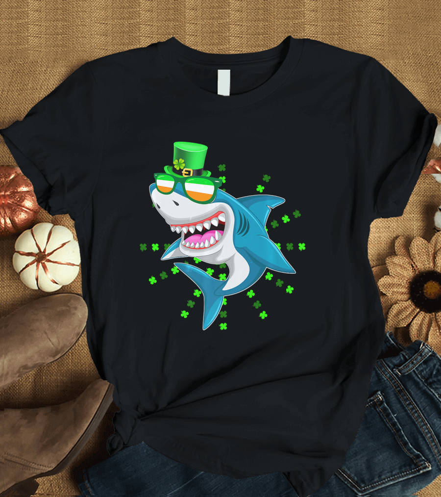 St. Patrick's Day Shark Wearing Irish Sunglasses with Green Hat and Shamrocks T-Shirt