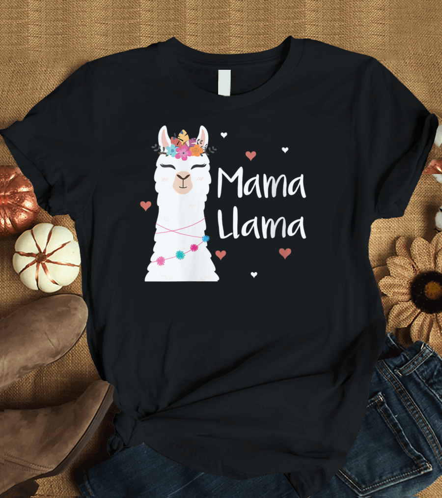 Mama Llama Cute Llamas with Floral Crown and Hearts T-Shirt