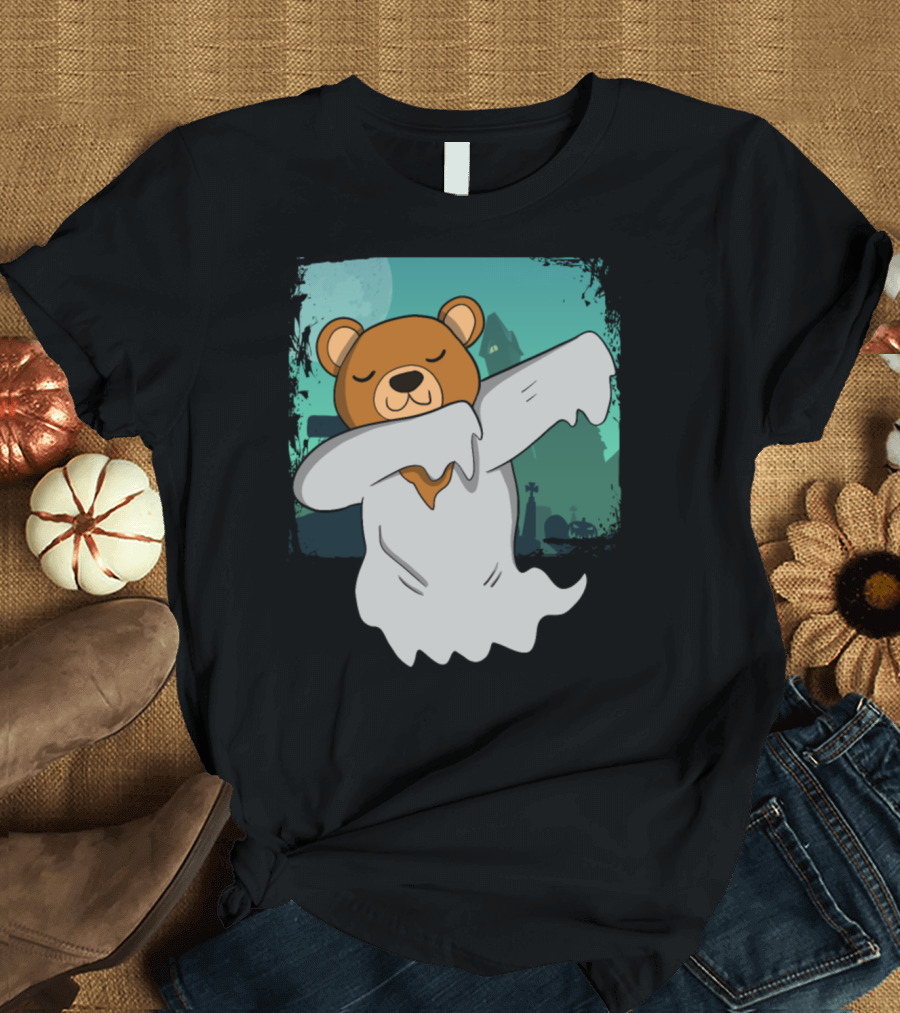 Ghost Bear Halloween Dabbing with Moonlit Graveyard Background T-Shirt