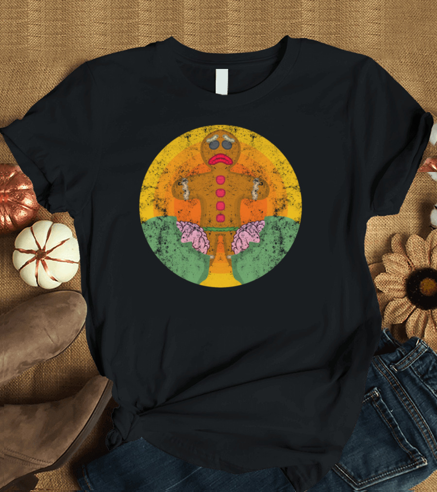 Gingerbread Zombie with Brains and Sunset Background T-Shirt