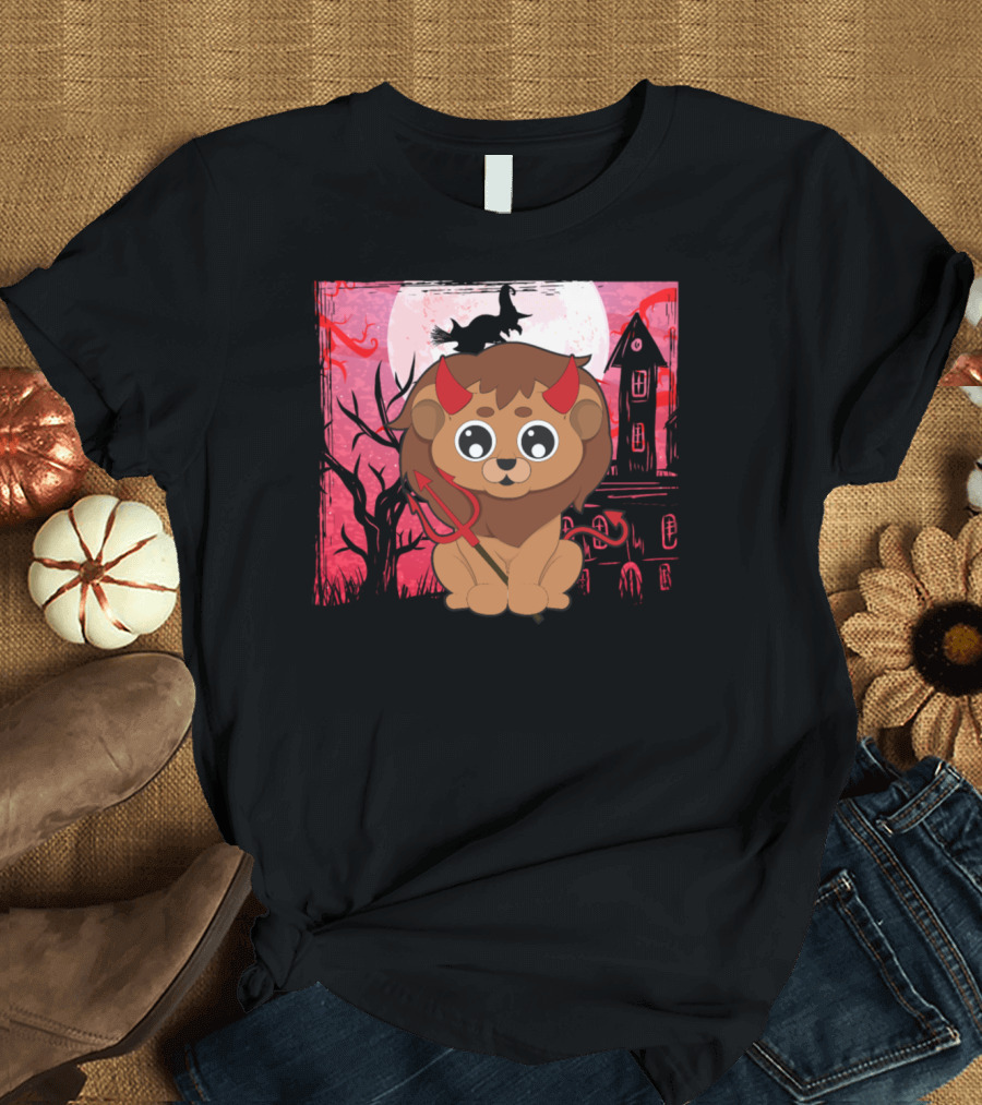 Halloween Cute Lion Devil Witch Haunted House Moon T-Shirt