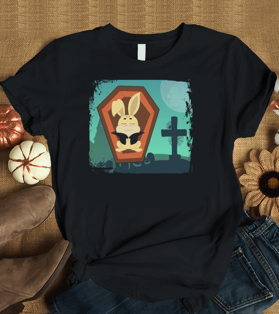 Halloween Animals Cute Rabbit in Coffin with Bat Cape T-Shirt
