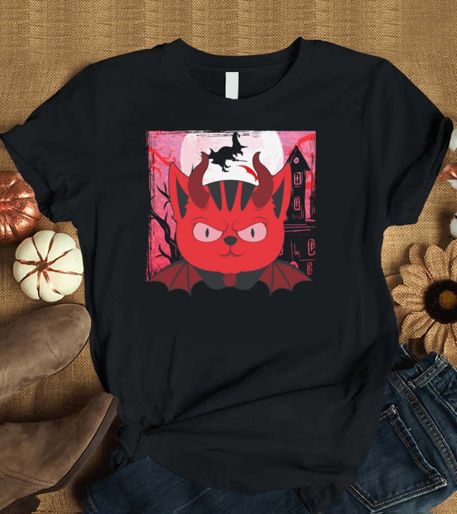 Halloween Devil Cat in Haunted House Scene with Moon and Bats T-Shirt