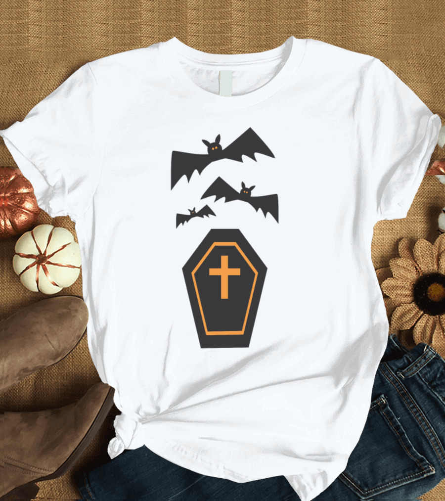 Halloween Bats Trick Or Treat Coffin with Cross and Creepy Shadows T-Shirt