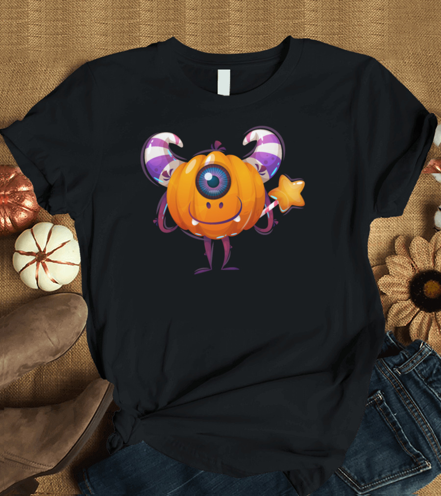 Halloween Gourd Pumpkin Fun Monster with Candy Horns and Star Wand T-Shirt