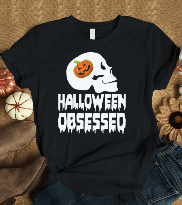 T-Shirt: Halloween Obsessed Skull with Pumpkin Head T-Shirt Halloween Obsessed Skull with Pumpkin Head T-Shirt