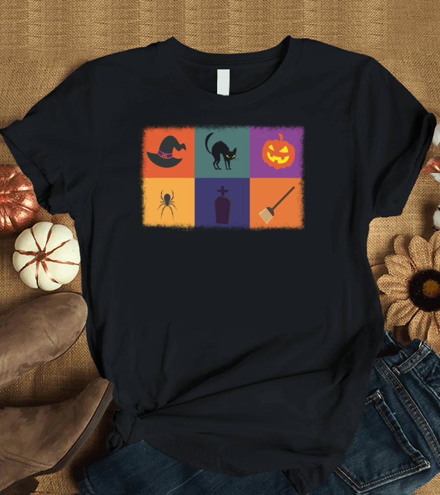 Halloween Witch Hat Cat Pumpkin Spider Tombstone Broom T-Shirt