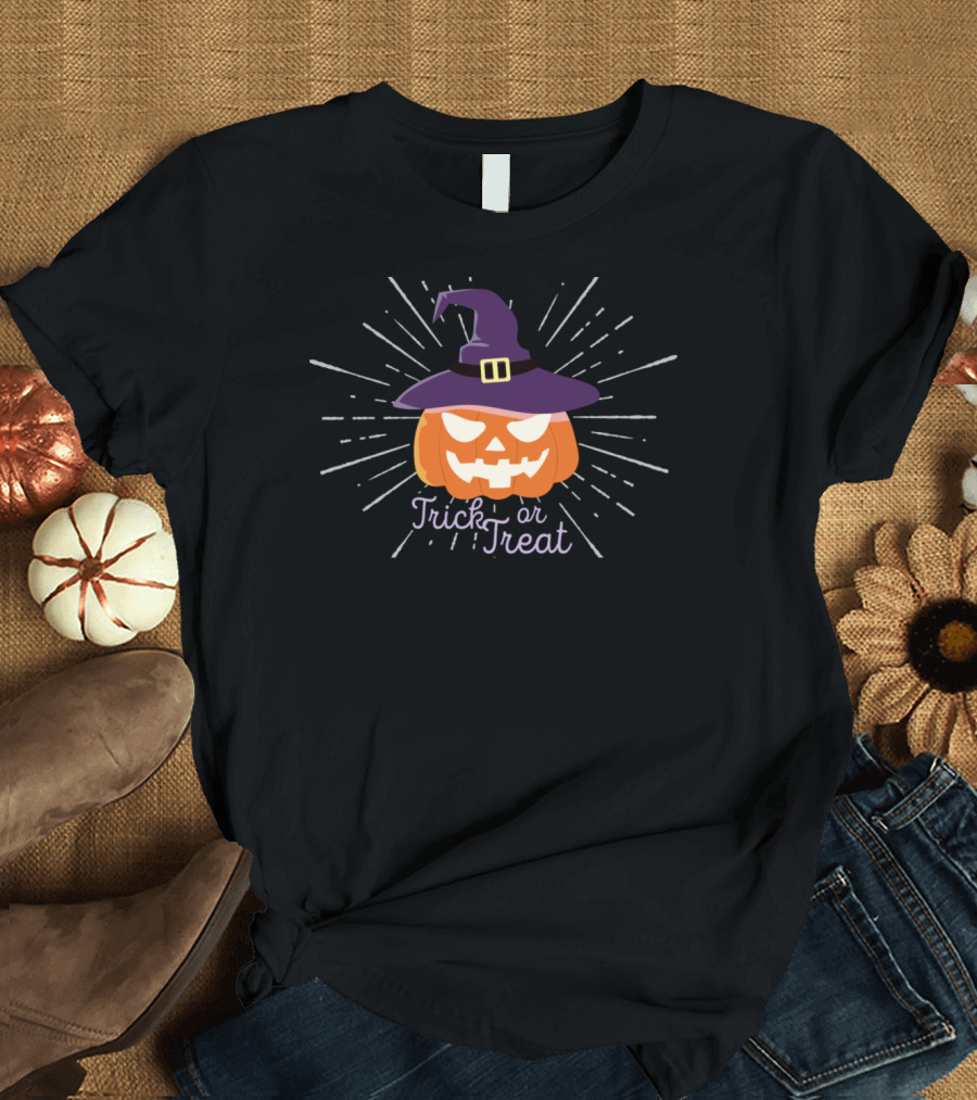 Trick or Treat Pumpkin with Witch Hat Halloween T-Shirt